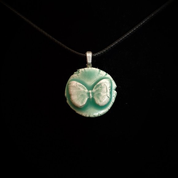 Handmade Ceramic Aqua Green Butterfly Pendant Necklace - Picture 2 of 11